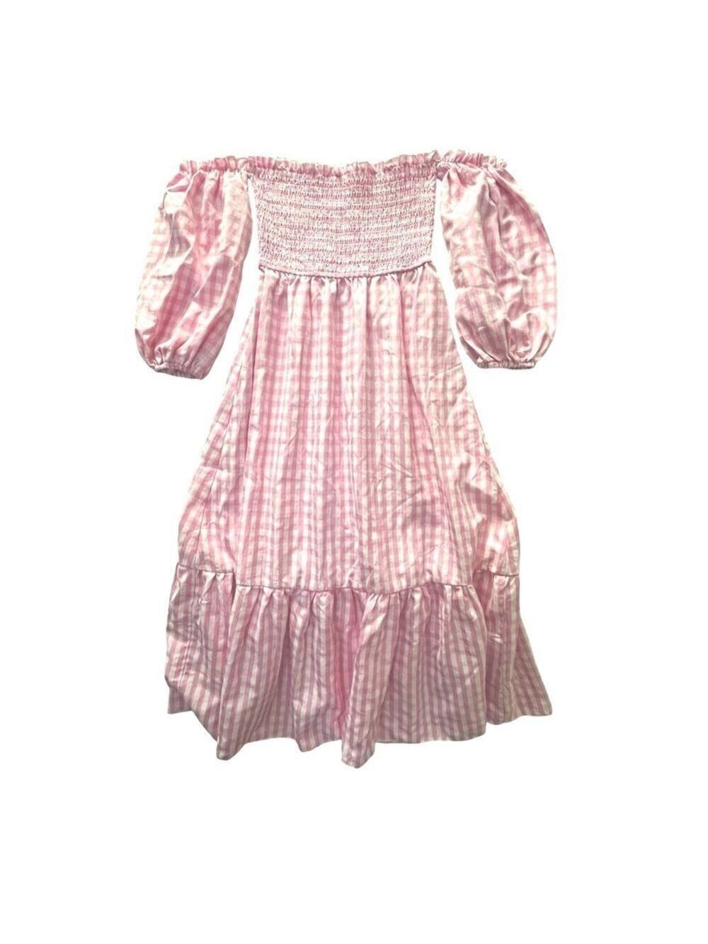 Pink Gingham Smocked Off Shoulder Cottagecore Dress XS